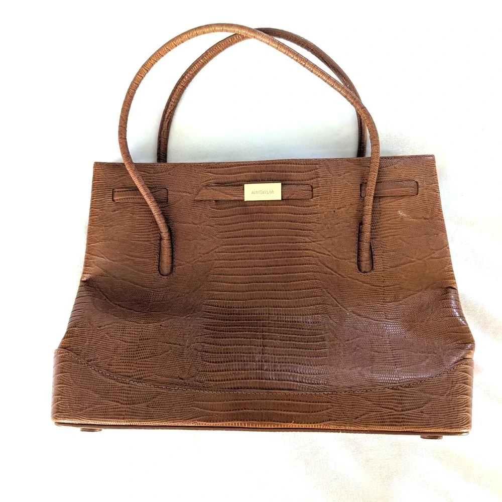 Vtg Ann Taylor Brown Cognac‎ Embossed Leather Satchel Bag Structured Work Tote